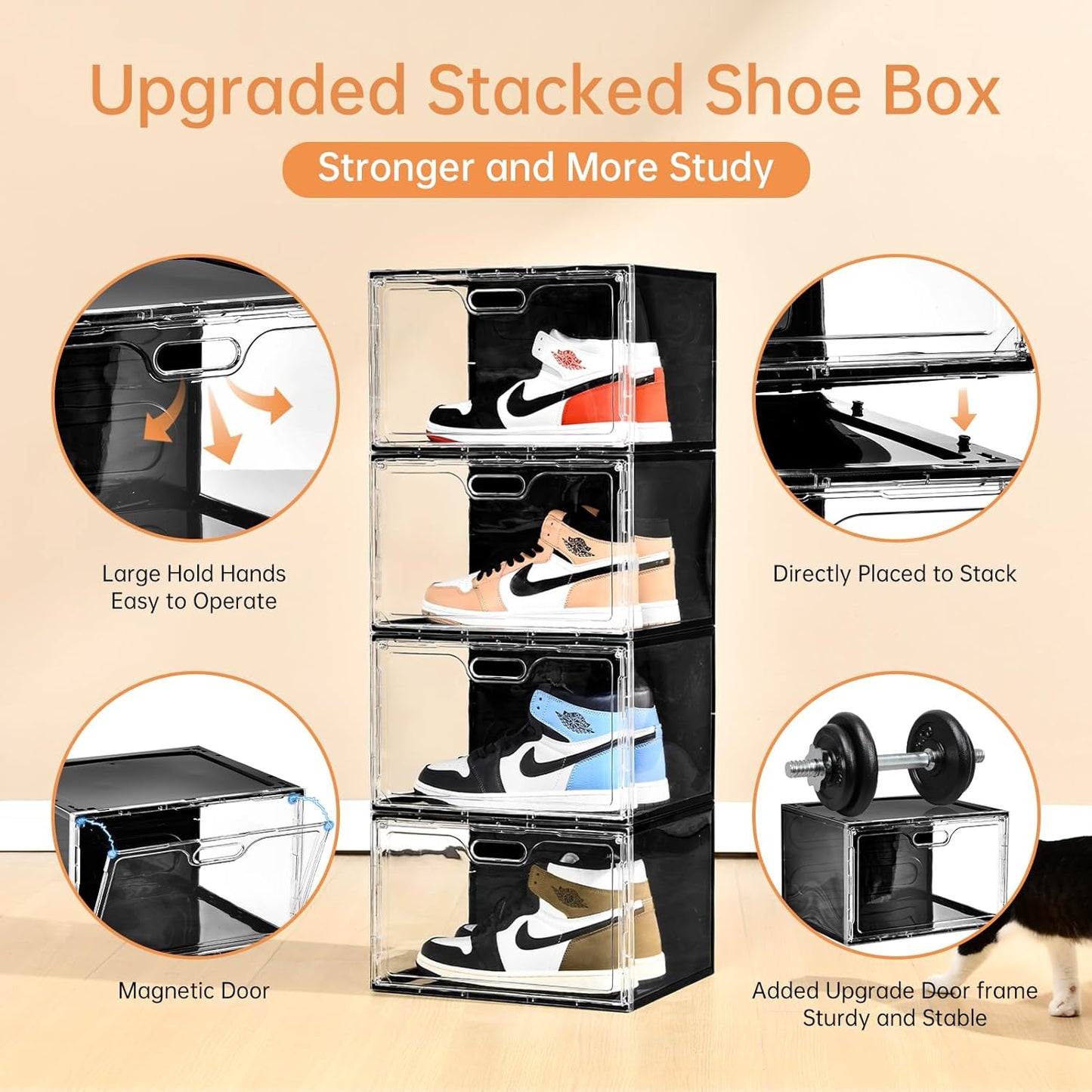 New 8 Pack Shoe Boxes Stackable, Large Shoe Storage Organizer with Lids,Drop Side Shoe Containers for Entryway,Sneaker Storage Fit up to US Size 13 for Men/Women(13’’X 10.6”X 8.3”)