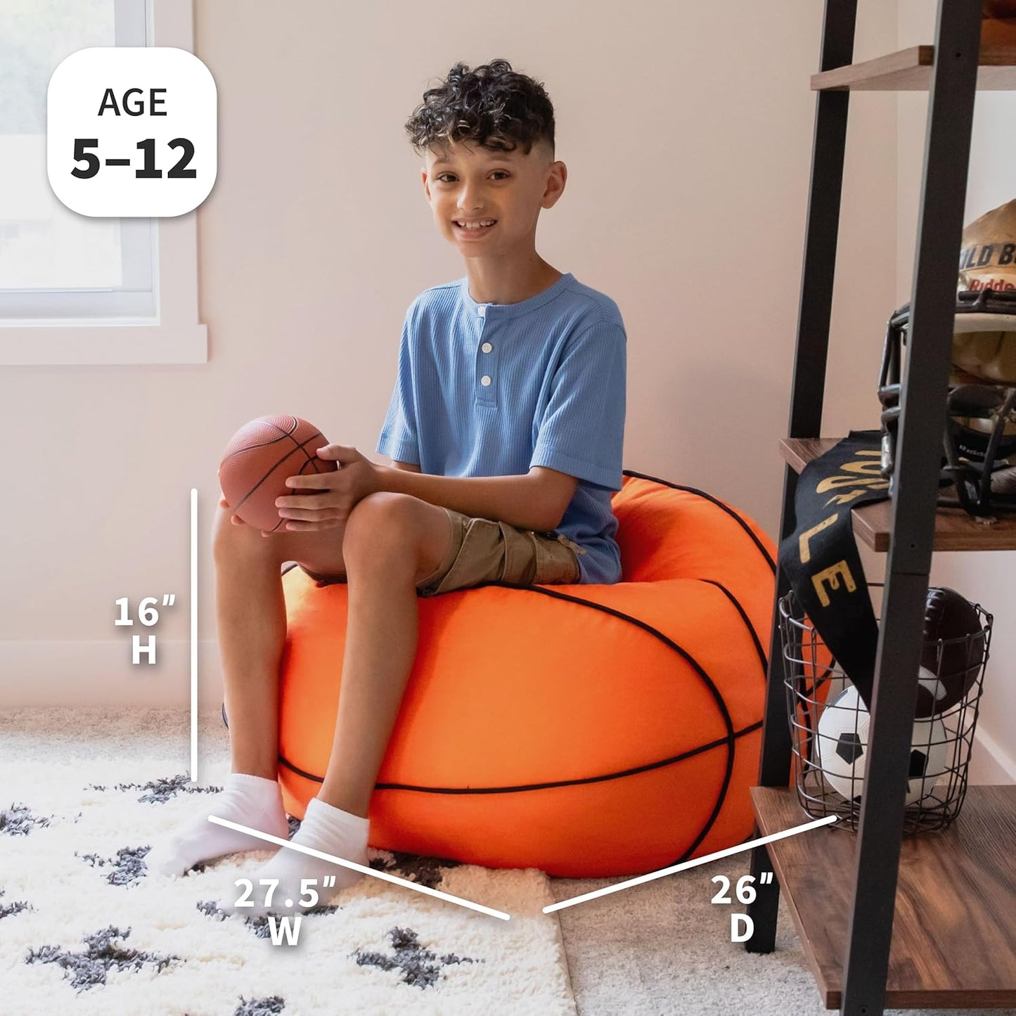 Sports Ball Child-Sized Bean Bag Chair, Basketball Plush, Soft Polyester, 2.5 Feet